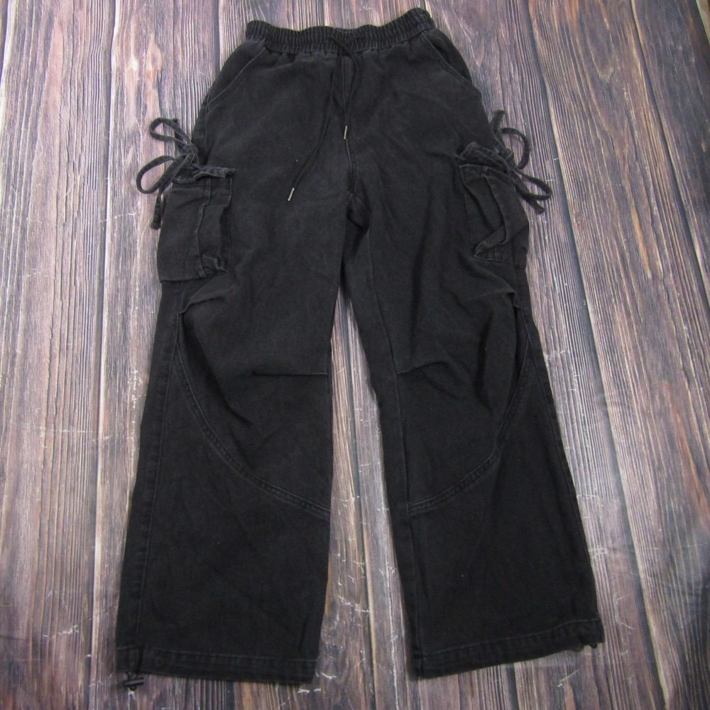 FRIFUL Pants Womens M Black Cargo Twill Elastic Waist Drawstring Pockets Straps